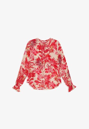 Long-sleeve blouse with pink and red tropical floral print, round neckline with drawstring, and gathered cuffs with ruffle details.