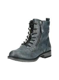 Sneakersy za kostkę w ciemnoniebieskiej teksturowanej skórze z bocznym zamkiem błyskawicznym, czarnymi sznurówkami i niskim obcasem. Gumowa podeszwa zapewnia przyczepność.