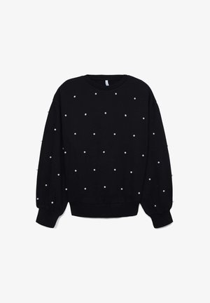 Schwarzer Pullover mit langen Ärmeln, gerippten Bündchen und gleichmäßig verteilten Perlenakzenten auf der Vorderseite. Weicher Stoff mit lockerer Passform.