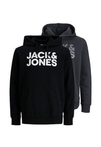 Zwei Kapuzenpullover in Schwarz und Dunkelgrau. Beide haben eine Fronttasche, gerippte Ärmel und großen weißen Text "JACK & JONES" über der Brust.