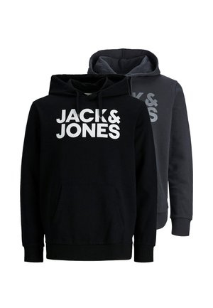 Twee hoodies in zwart en donkergrijs. Beide hebben een voorzak, manchetten aan de mouwen en grote witte "JACK & JONES" tekst over de borst.