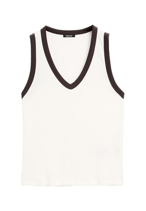Ärmelloses weißes Tanktop mit tiefem V-Ausschnitt und dunkelbraunem Besatz am Kragen und den Armausschnitten.