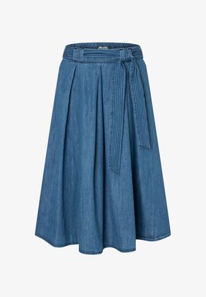 Blue knee-length denim skirt with pleats and a matching fabric belt tied at the waist.