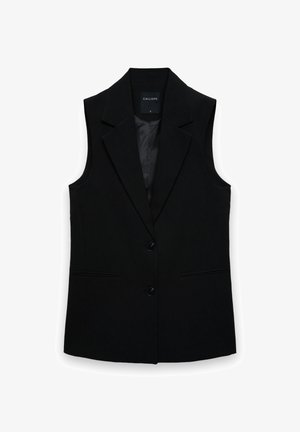 Schwarzer, ärmelloser Blazer aus strukturiertem Stoff; verfügt über einen Reverskragen, zwei Vordertaschen und zwei Knöpfe zum Schließen.