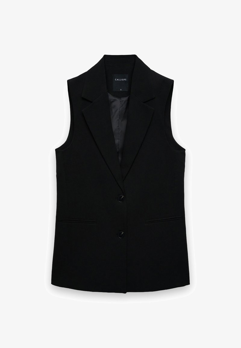 Blazer nero senza maniche in tessuto strutturato; presenta un colletto con apertura a incavo, due tasche frontali e due bottoni per la chiusura.