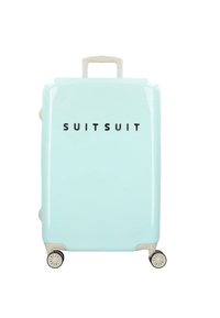 Harde koffer in pastelblauw, met een textuurafwerking, beige handvat en vier wielen. De merknaam "SUIT SUIT" is centraal op de voorkant geplaatst.