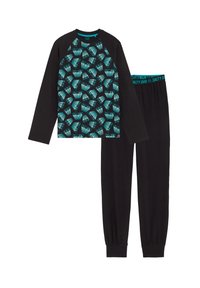 Dlhý rukáv pyžamový set s čiernym topom s tyrkysovým grafickým vzorom a zodpovedajúcimi čiernymi nohavicami s elastickým pásom.