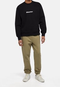 Svart sweatshirt med "Dickies"-logotyp i vitt, kombinerad med olivgröna avsmalnande joggers och ljusa sneakers. Enkel design och material.