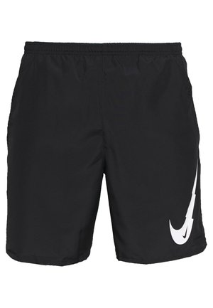 Sorte atletikshorts med elastisk linning og et hvidt swoosh-design på det nederste højre ben.