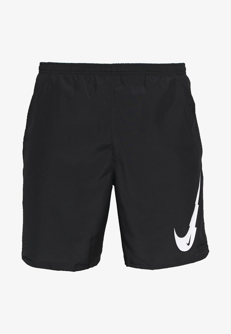 Short de sport noir avec une taille élastique et un motif swoosh blanc sur la partie inférieure droite de la jambe.