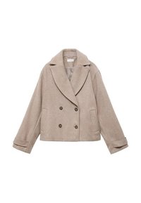 Jachetă din amestec de lână bej, cu dublă închidere, rever mari, două pliuri pentru buzunare și accente cu nasturi, având un croi scurt și mâneci largi.