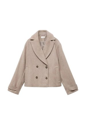 Veste croisée en mélange de laine beige avec de grands revers, deux rabats de poche et des accents de boutons, dotée d'une coupe courte et de manches larges.