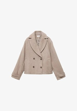 Bežový kabát z vlnenej zmesi s dvojitým zapínaním, veľkými klopami, dvoma vreckovými chlopňami a gombíkovými akcentmi, so skráteným strihom a širokými rukávmi.