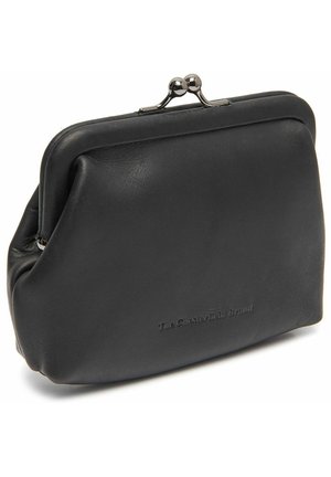 Black leather clutch with a rounded frame closure. Smooth texture, slightly gathered design, and embossed brand name on the front.