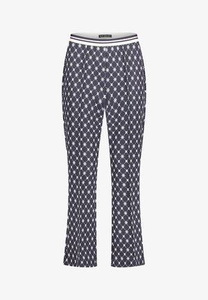 Pantalons à motifs navy avec des designs géométriques blancs, coupe droite, taille élastique avec des rayures contrastées et tissu léger.