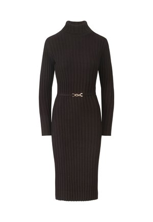 Gehaakt jurk met lange mouwen in donkerbruin, met een hoge hals, geribbelde textuur en een slim fit met een gouden gesp riem.