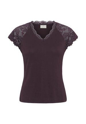 Top de manga corta color púrpura oscuro con mangas de encaje floral y escote en V rematado con encaje a juego.