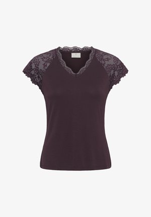 Haut violet foncé à manches courtes avec manches en dentelle florale et col en V bordé de dentelle assortie.
