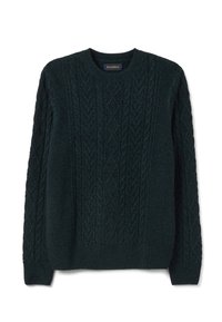 Dunkelgrüner Strickpullover mit Rundhalsausschnitt, der strukturierte Muster sowie gerippte Bündchen und Saum für eine eng anliegende Passform aufweist.