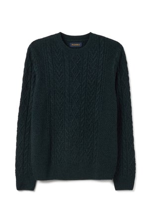Maglione verde scuro a trecce con scollatura rotonda, caratterizzato da motivi testurizzati e polsini e orlo a costine per una vestibilità aderente.