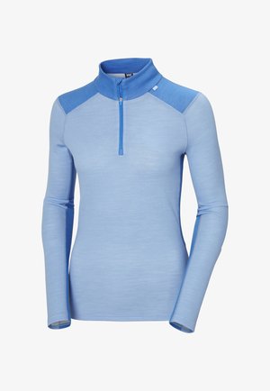 Lichtblauwe lange mouwen top met een ritskraag, met contrasterende donkere blauwe schouder- en zijpanelen, en een gestructureerde stof overal.