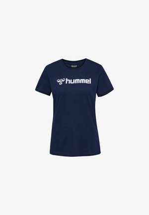 Marineblå bomulds t-shirt med korte ærmer, der har et stort hvidt "hummel" logo på forsiden. Enkel, klassisk design.
