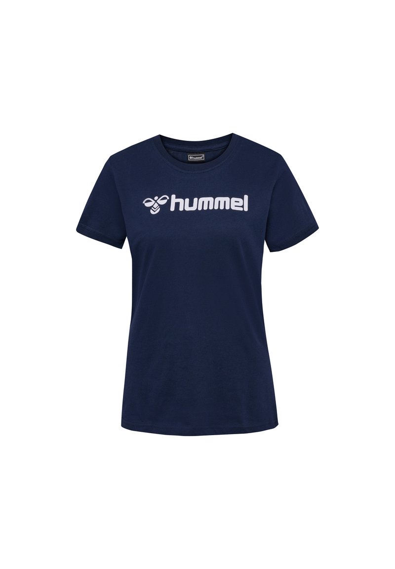Marinblå bomullströja med kort ärm, som har en stor vit "hummel"-logotyp på framsidan. Enkel, klassisk design.