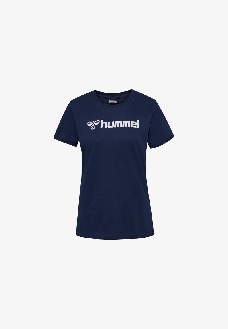 Granatowa bawełniana koszulka z krótkim rękawem, z dużym białym logo "hummel" na przodzie. Prosty, klasyczny design.