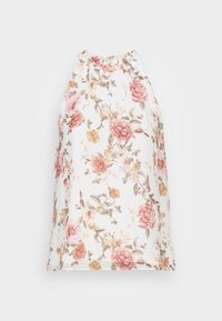 Vit ärmlös topp med blommönster i rosa, orange och grönt. Har en samlad halsringning och en lös, flödande design.