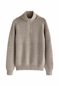 Vaaleanbeige ribattu neule, jossa on korkea kaulus ja vetoketjusuljenta, pitkät hihat ja teksturoitu neulepinta. Pehmeä ja lämmin materiaali.