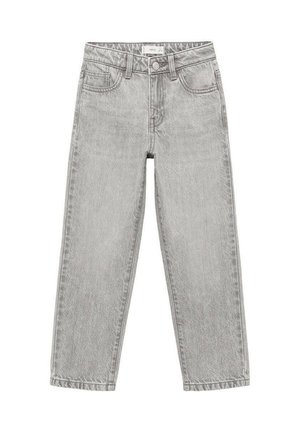 Jeans in denim grigio con taglio dritto, cinque tasche, chiusura con bottone e una leggera scoloritura sul tessuto. Design della vita standard.