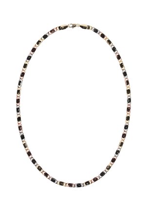 Náhrdelník z pozlaceného řetízku s alternativními černými, růžovými a stříbrnými články se hladkým povrchem. Upevněno klasickým zapínáním.