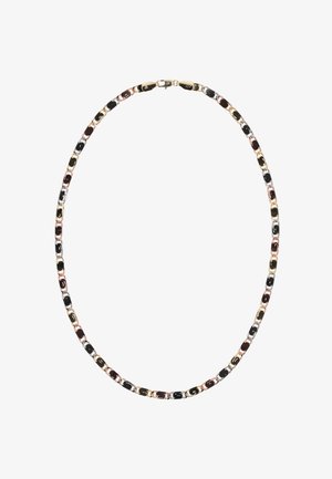 Náhrdelník z pozlaceného řetízku s alternativními černými, růžovými a stříbrnými články se hladkým povrchem. Upevněno klasickým zapínáním.