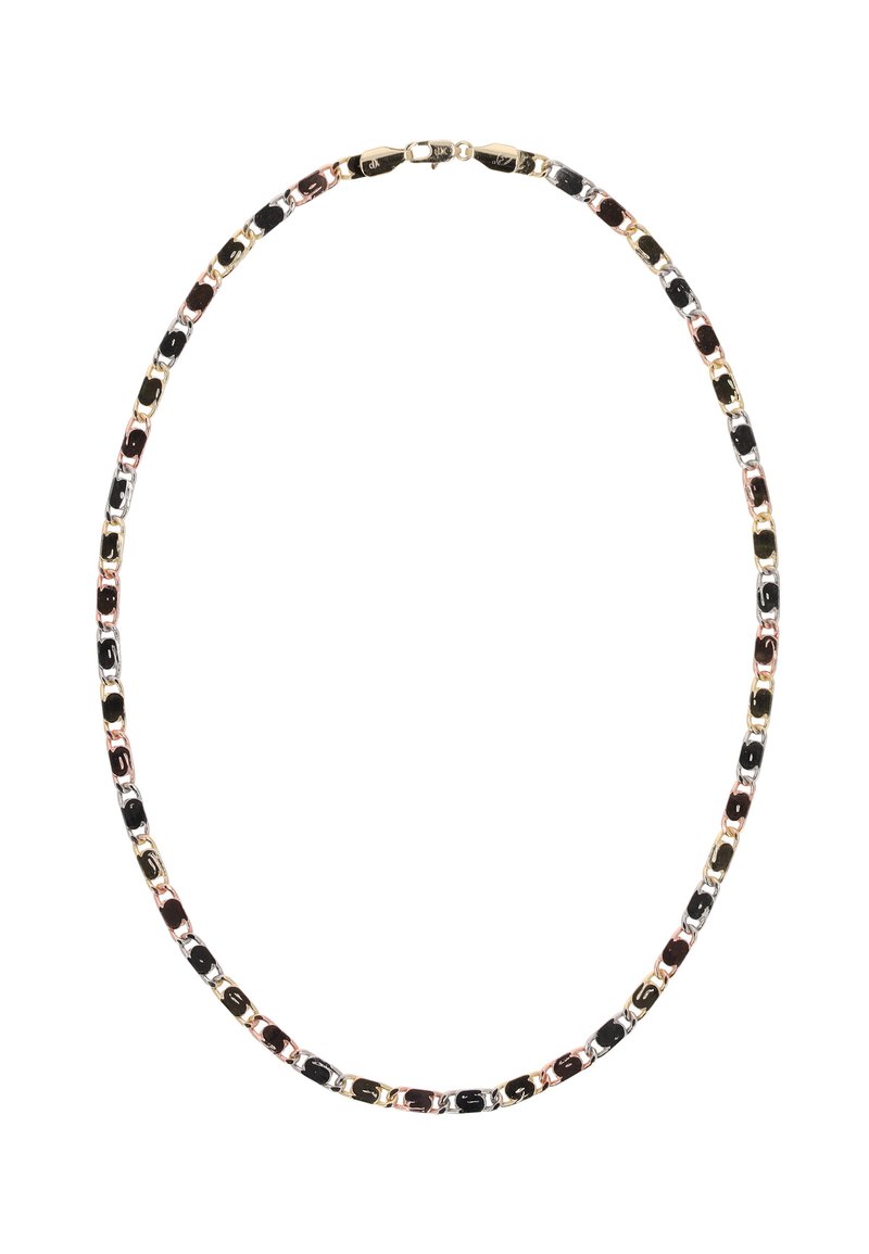 Guld-tone kæde med vekslende sorte, rosafarbede og sølv links med en glat finish. Sikret med en klassisk lås.