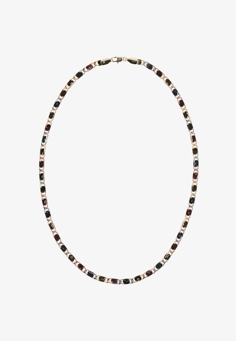 Guld-tone kæde med vekslende sorte, rosafarbede og sølv links med en glat finish. Sikret med en klassisk lås.