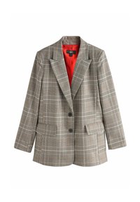 Rutet blazer i grå med orange accenter, der har et rødt for, slagkraver, to forlommer og to knapper fortil.