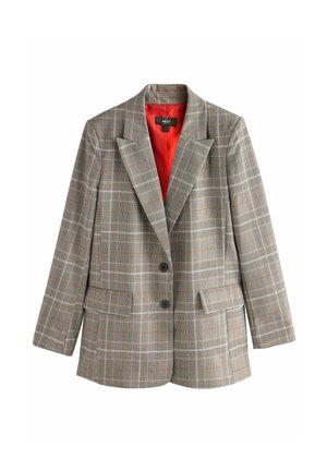 Karierter Blazer in Grau mit orangen Akzenten, ausgestattet mit einem roten Futter, mit Reverskragen, zwei Taschen vorne und zwei Knöpfen auf der Vorderseite.