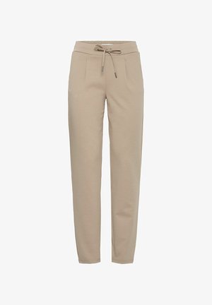 Beige jogger pants made from soft fabric, featuring an elastic waistband with drawstring and two front pockets for functionality.