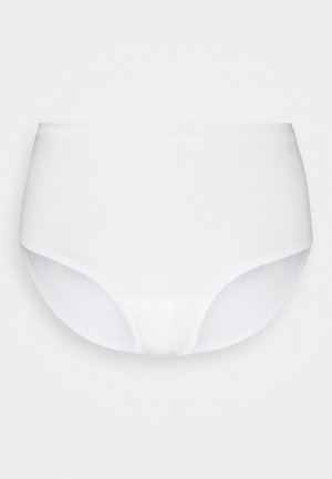 Biele bavlnené nohavičky s plným zakrytím, s hladkým povrchom a bez viditeľných švov. Klasický vysoký strih.