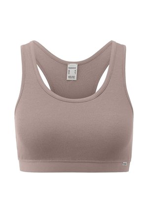 Mauve ribgebreide sportbeha met racerback-ontwerp, brede bandjes en een elastische band aan de onderkant voor ondersteuning.