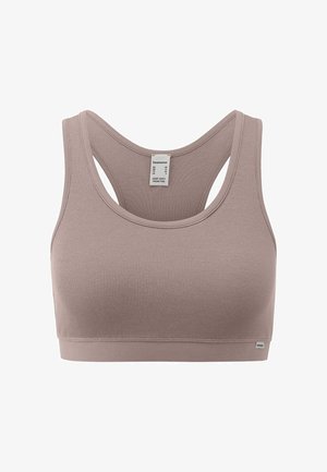 Mauve ribgebreide sportbeha met racerback-ontwerp, brede bandjes en een elastische band aan de onderkant voor ondersteuning.