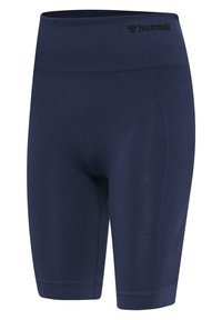Mörkblå träningsshorts tillverkade av elastiskt material, med hög midja och texturerat sidmönster för extra detaljer.