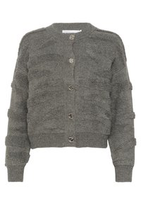 Cardigan grigio a maglia con pattern a righe testurizzati, colletto rotondo e chiusura a bottoni con bottoni decorativi tondi.