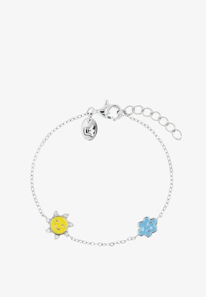 Bracciale con catena d'argento con ciondoli a forma di sole giallo e fiore blu, chiusura a moschettone e piccolo ciondolo a forma di ovale.