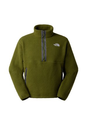 Olivengrøn fleece-pullover med halv lynlås foran, sidelommer, opretstående krave og hvidt The North Face-logo på brystet.