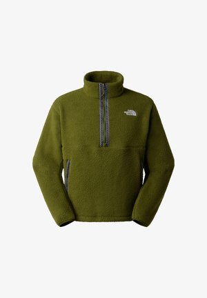 Olivengrøn fleece-pullover med halv lynlås foran, sidelommer, opretstående krave og hvidt The North Face-logo på brystet.
