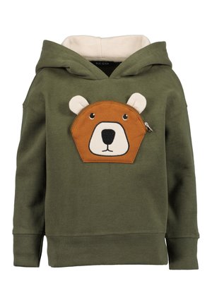Sweat à capuche vert pour enfants avec une poche en forme de visage d'ours marron avec des oreilles et une fermeture éclair sur la poitrine, et une doublure de capuche de couleur crème.