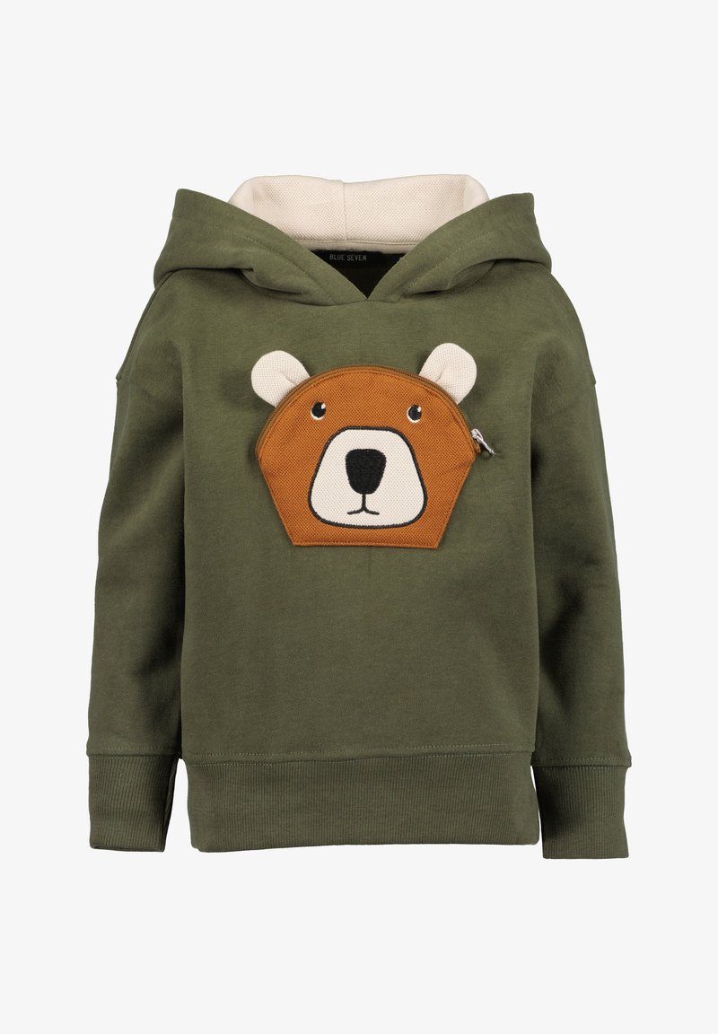 Sweat à capuche vert pour enfants avec une poche en forme de visage d'ours marron avec des oreilles et une fermeture éclair sur la poitrine, et une doublure de capuche de couleur crème.