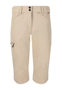 Beige knälånga cargoshorts med en slät yta, två framfickor, en säker dragkedjeficka på sidan och en knappstängd midja.