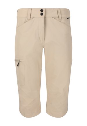 Beige knæ-lange cargo shorts med en glat tekstur, to forlommer, en sikker lynlåslomme på siden og en bæltestrop med knap.